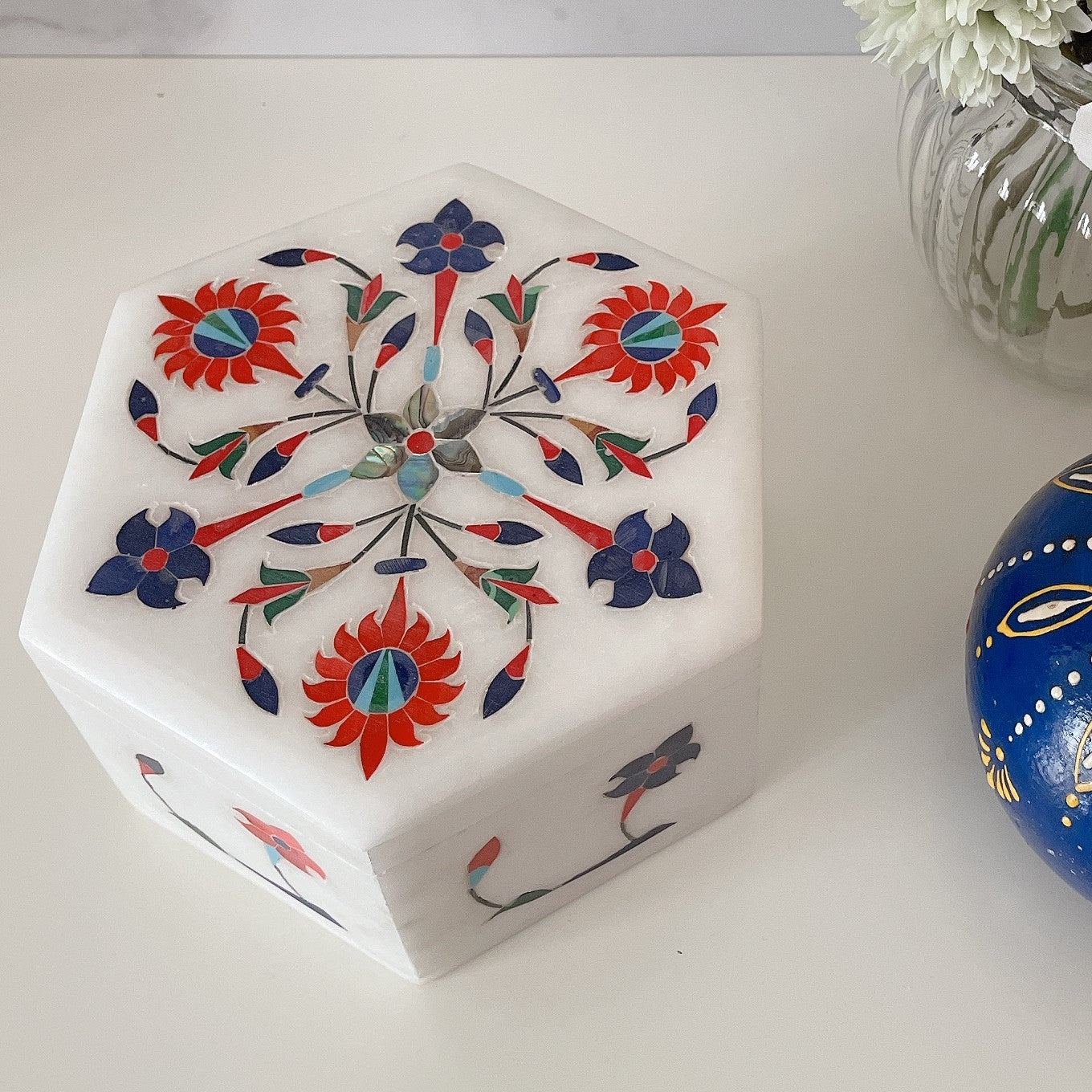 Marble Inlay Hexagonal Trinket Box